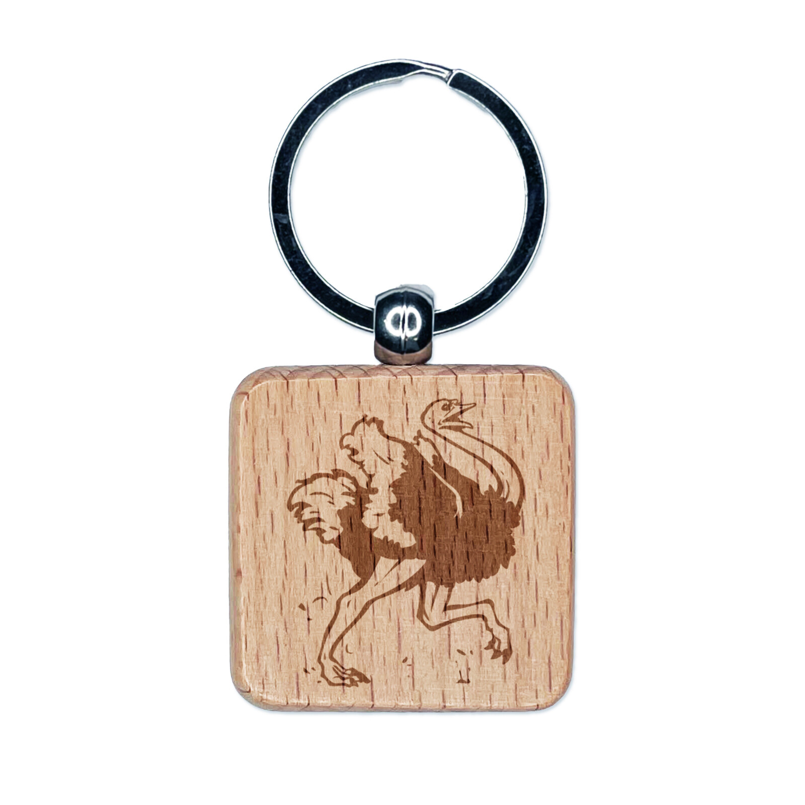 Running Ostrich Engraved Wooden Keychain Charm with Square Tag  