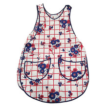 Full Smock Apron w Pockets Vintage Retro Red White Blue Button closure Floral