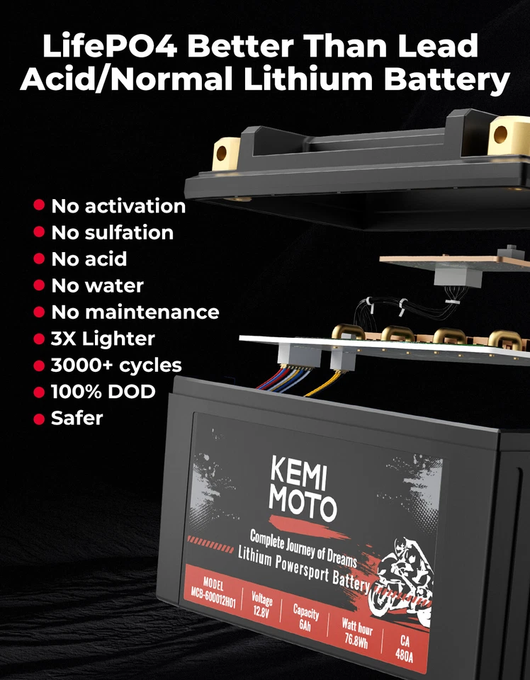 Batería de litio 12v 6Ah 480A para motocicleta YTX14-BS YTX9-BS para moto de cross ATV UTV Foto 2 de 4