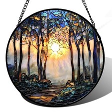 Stained Glass Window Hanging, Forest Sunrise Smoke Blue 6.3x6.3 IN Forest Gold