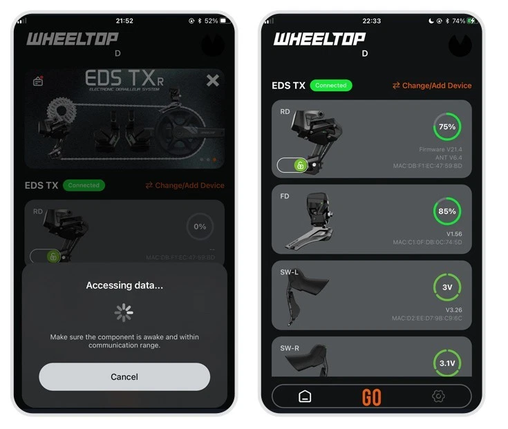 WHEELTOP app connecting and showing the TX components with battery levels