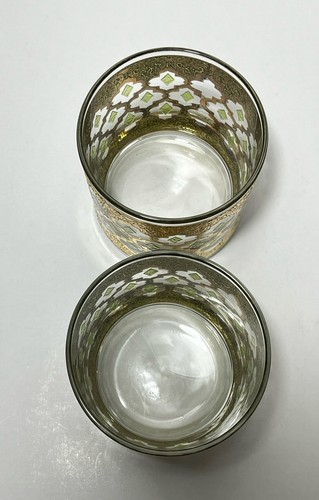 Vintage Culver Valencia Low Ball Set of 4 Glasses 22K Gold Green Barware EUC! - Picture 10 of 17