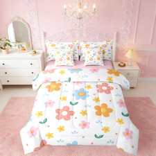 7 Piece Cute Flower Comforter Sets with Sheets, Pink Floral Bedding Set Twin for
