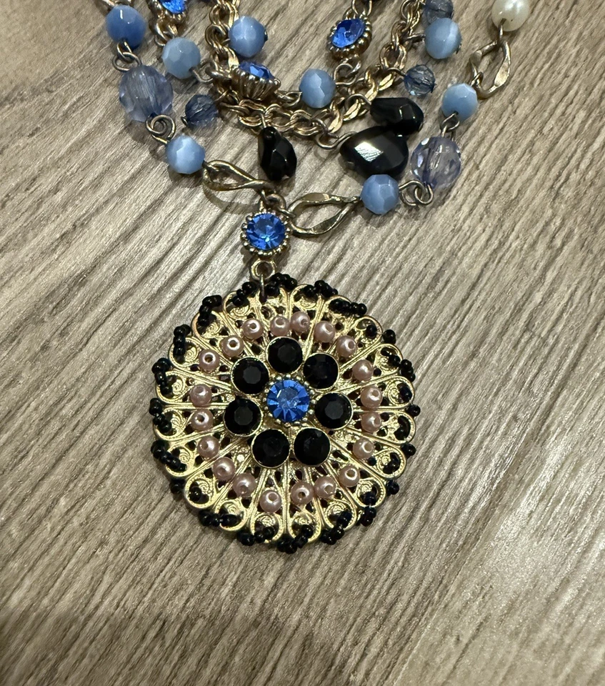 Graziano Gold Tone Multi Strand Blue Black Beaded Statement Necklace - Image 2 of 4