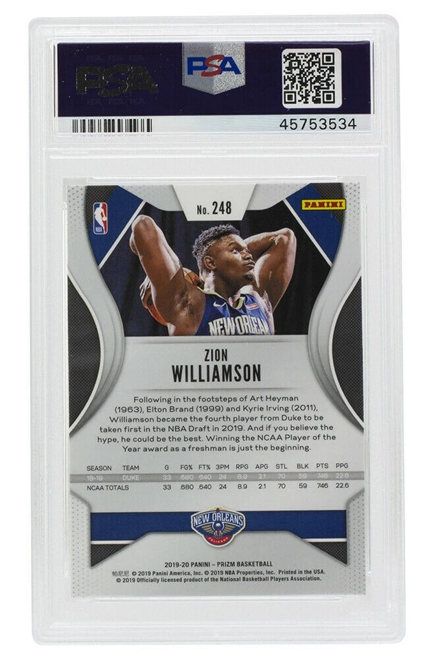 Zion Williamson Duke Slabbed 2019 Prizm #248 Basketball Card Gem Mint 10 PSA - Image 2 of 3