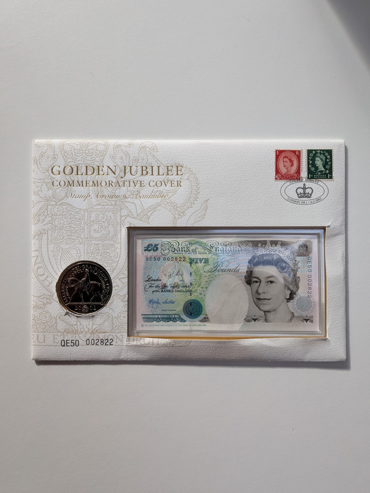 £5 COIN + Genuine QE50 serial number QEII 50th Golden Jubilee mint BANKNOTE Set
