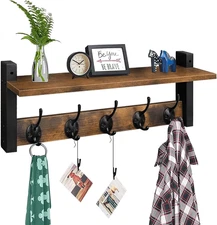 Wooden Wall-Mounted Coat Hanging Rack with Shelf and Hooks, Rustic - Brown Black