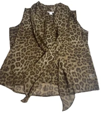 Charter Club Size Petite Medium P/M Sleeveless Sheer Button Up Top Animal Print