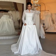 Wedding Dress V-Neck Satin Bridal Gown A-Line Floor Length Muslim Bride Dress