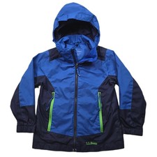 LL Bean Nylon Jacket Kids Size Medium 5-6 Blue Stowaway Hood Rain Wind