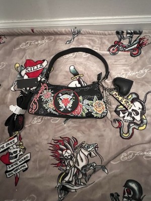 Ed Hardy Black Crossbody Bag Love Kills Roses Butterflies