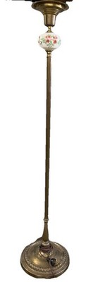 Antique Brass Art Deco Torchiere Floor Lamp Hand Painted Floral Milk Glass