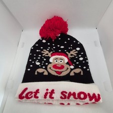 LED Light-Up Christmas Beanie Hat with Reindeer   Let It Snow  Design   Flashin