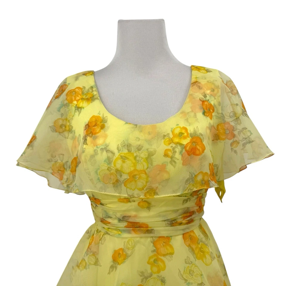 Винтажный желтый цветочный платье шифоновое макси оборки Southern Belle Cottagecore XS - Изображение 2 из 4