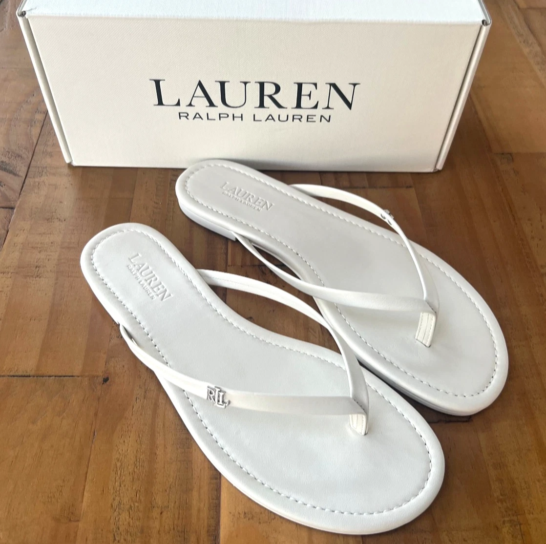 Ralph Lauren Raquel Leather Flip-Flop Flat Sandals White Slides Pool Beach £85