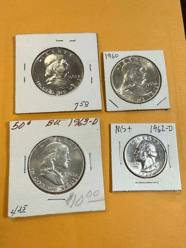 FRANKLIN SILVER HALF DOLLARS 1963 D 1962 PROOF 1960 P & 1962 D SILVER QUARTER