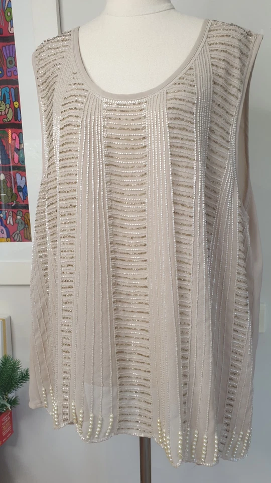 Grace Hill Size 22 Beige Sleeveless Lined Top Blouse, Beaded, Pearls & Beads - image 2 of 4