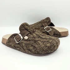 American Eagle Cable Knit Clog Slippers Brown Buckle Sherpa Lined Women’s 8.5