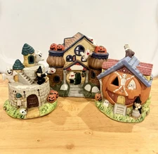 3 Vintage Ceramic Halloween Haunted Village Houses Brinn’s Castle Witch Pumpkins