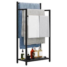 Freestanding Towel Rack, 3 Tier Blanket Ladder Stand with Black Wooden Shelf ...