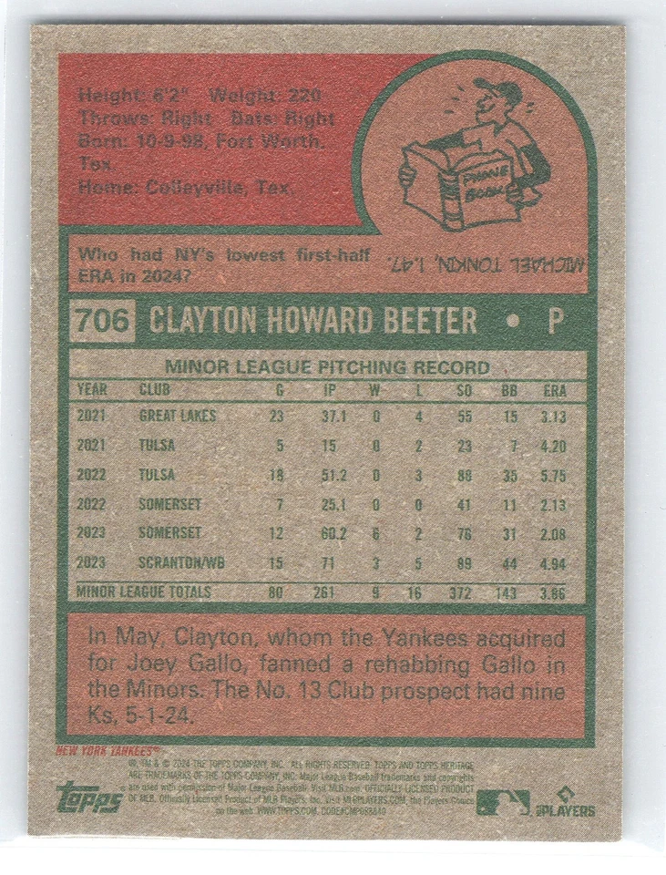 2024 Topps Heritage High Number Mini Clayton Beeter Rookie New York Yankees #706 - Image 2 of 2