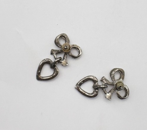 Vintage Bow Heart Shaped Dangle Earrings Silver Tone Classic Elegant - Picture 2 of 6