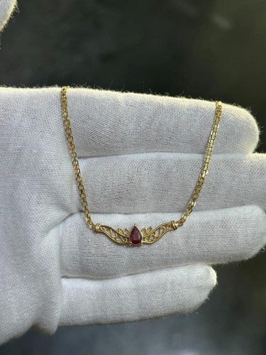 14k Yellow Gold Natural Red Ruby Pear Shape Vintage Basket Weave Necklace - Picture 14 of 14