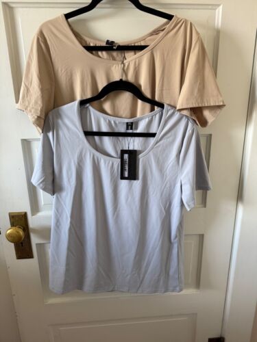 Two Plus Size 2X T Shirt Tops Scoop Neck Cotton/Spandex Blue & Nude