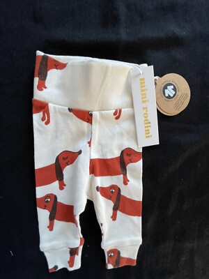 Mini Rodini NWT Ivory/Rust Dachshund Organic Cotton Leggings-Newborn