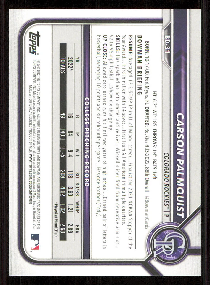 2022 Bowman Draft #BD31 Carson Palmquist - Image 2 of 2