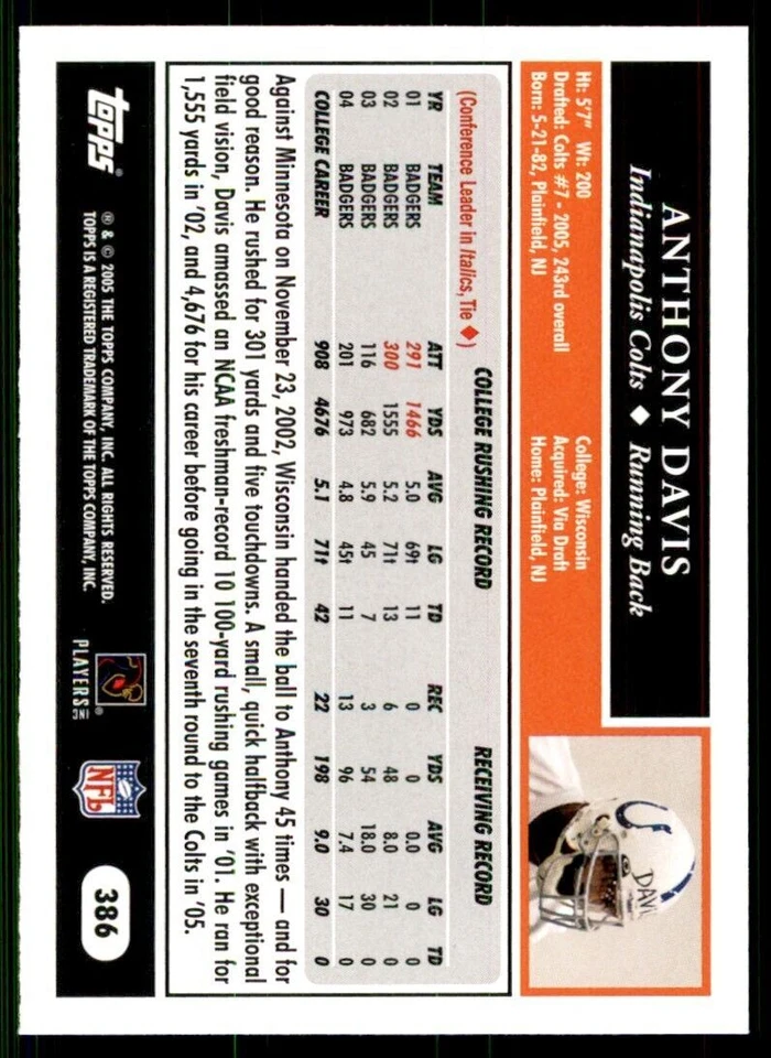 2005 Topps Anthony Davis Football Cards #386 - Image 2 of 2
