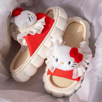 HELLO KITTY Kawaii Cotton Slippers Womens Sz 8/9 Ivory Red Plush Cozy Loungewear