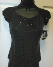 Black Capsleeve foildot Mock Tneck Dance Costume Drill line Top Ch/ladies sz
