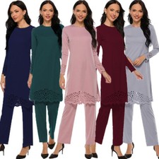 Muslim Women Two Piece Sets Long Tops Pants Outfits Dubai Turkey Caftan Abaya