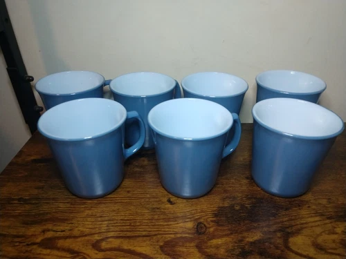 Set (7) Vintage PYREX Slate Blue Milk Glass 8 oz. D Handle Coffee Mugs Cups