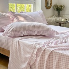 Pink Gingham Ruffle Queen Sheet Set, Pink Soft Pre-Washed Microfiber Plaid Qu...