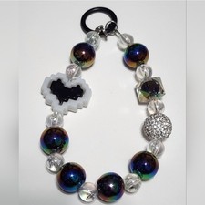 Beaded Phone Chain Heart Black White Keychain Bag Clip Gift Stocking Stuffer