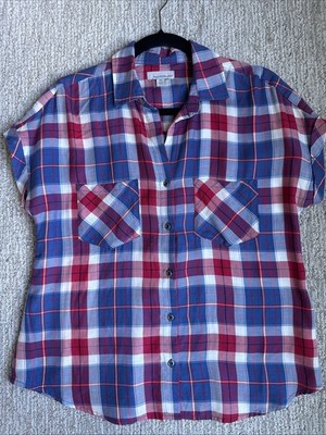 Women s Red White Blue Allison Joy Button Short Sleeve Shirt Size XS