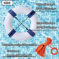 20 Inch Throwable Life Preserver Ring With 98.4FT Floating Rescue Rope Pool Buoy