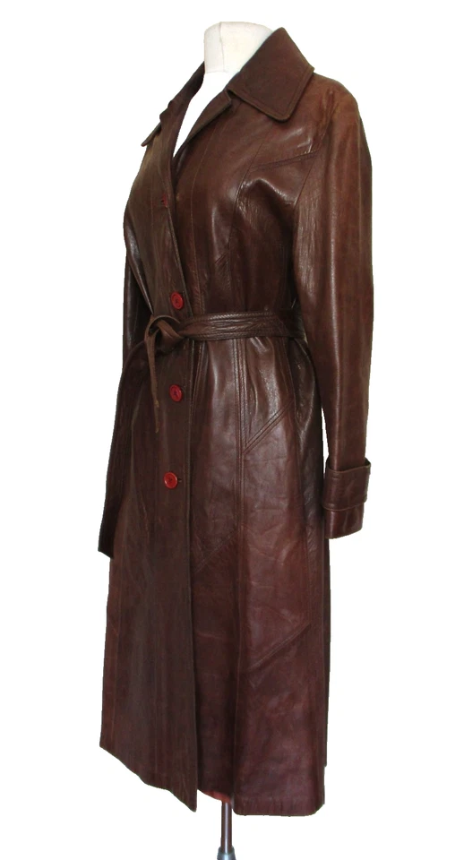 Vintage Leather Long Trench Coat Imperial Size M/L 70s Glossy Brown Belted - Image 3 of 4