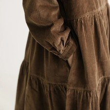 Robe Longue Marron en Velours Côtelé Col Montant Manches Longues Casual
