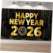 Large Happy New Year Banner 2026, Black and Gold Happy New Year 2026 Banner 