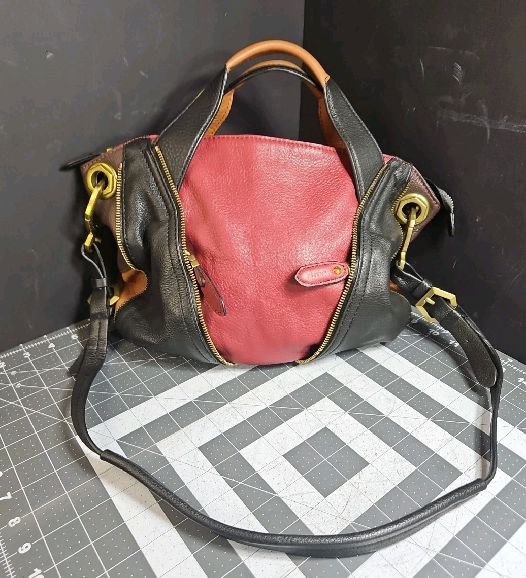 orYANY Purse Colorblock Burgundy Pebbled Leather Lian Satchel Crossbody Hobo GUC