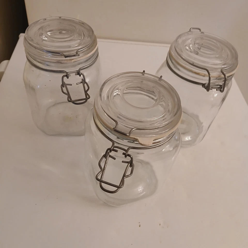 3 MASON JAR Clamp Lid Canisters WITH Black Metal Coffee Bar Display Cream Sugar - Image 3 of 4