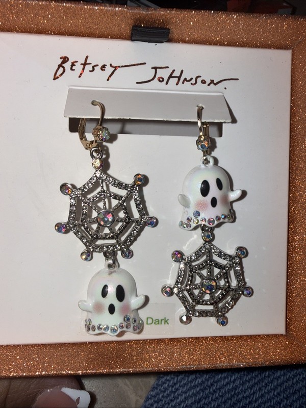 Betsey Johnson Halloween Ghost Spider Web Crystal Drop Earring Glow In Dark NEW
