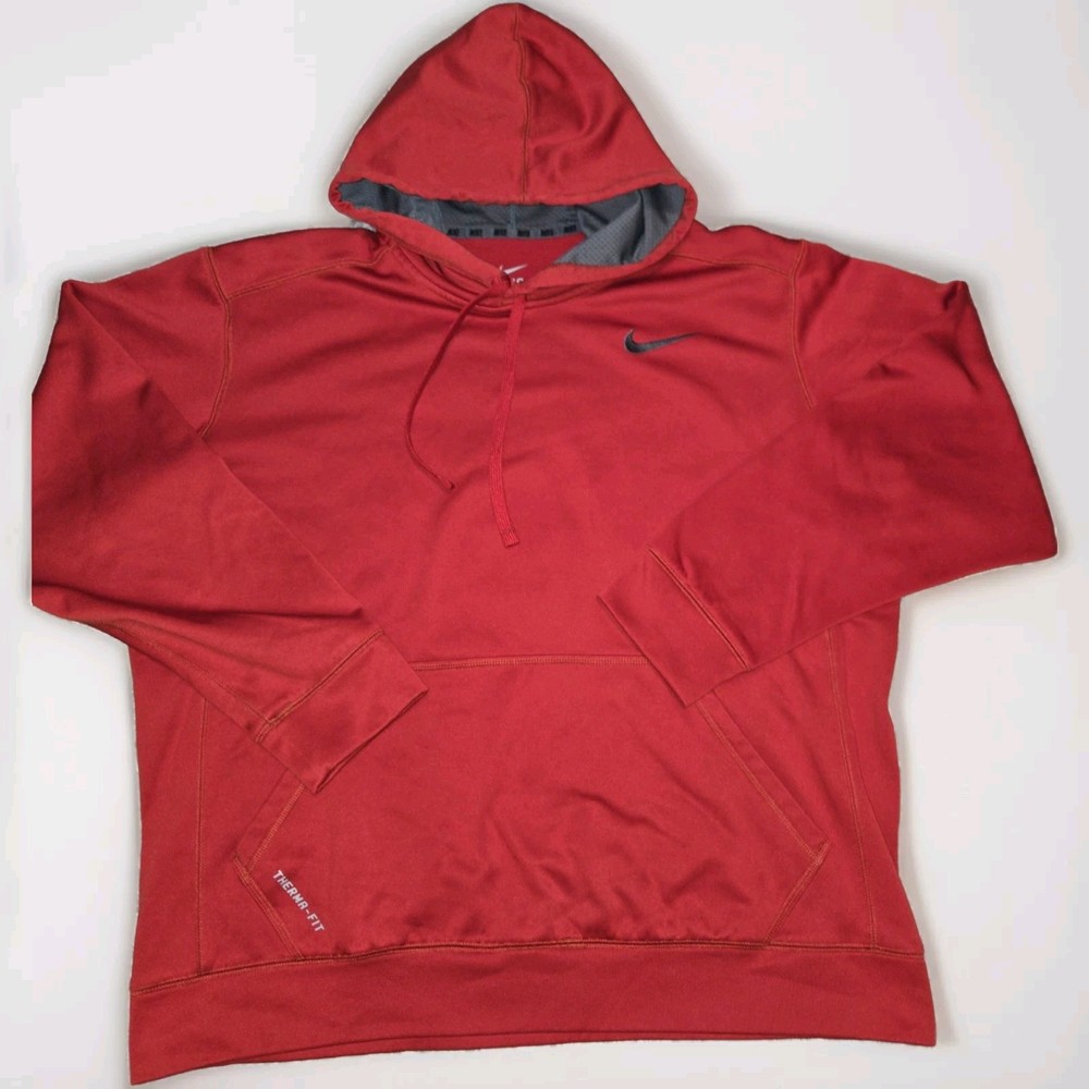 Nike Therma-Fit Men’s XL Red Hoodie with Gray Swoosh Pullover Sweatshirt