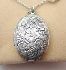 Vintage JMF Sterling Enamel Etched Floral Photo Locket Pendant Necklace NOS