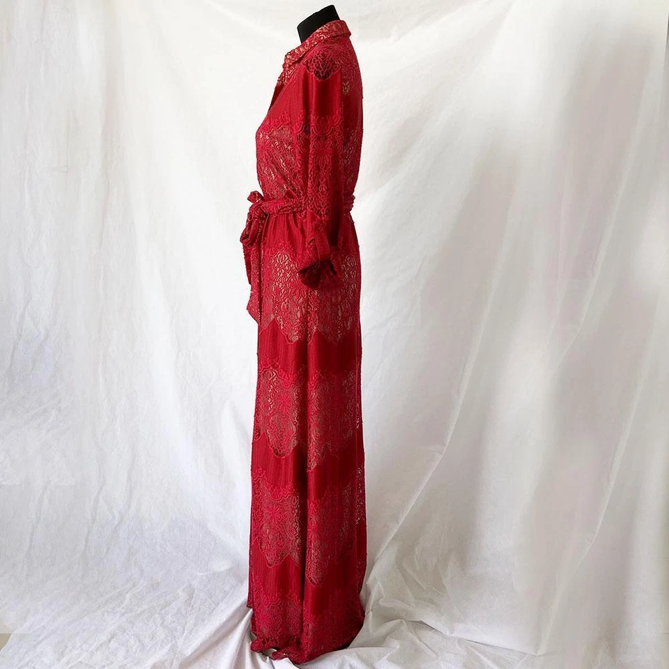 Alice + Olivia Red Floral Guipure Lace Maxi Shirt Dress - Image 3 of 4