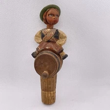 Vintage Carved Wood Bottle Stopper Cork Boy Child Sitting on Keg Barrel