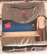 New  Hanes Men  s Knit Top and Flannel Pant Pajama Set Size XXLGray  Blue Plaid